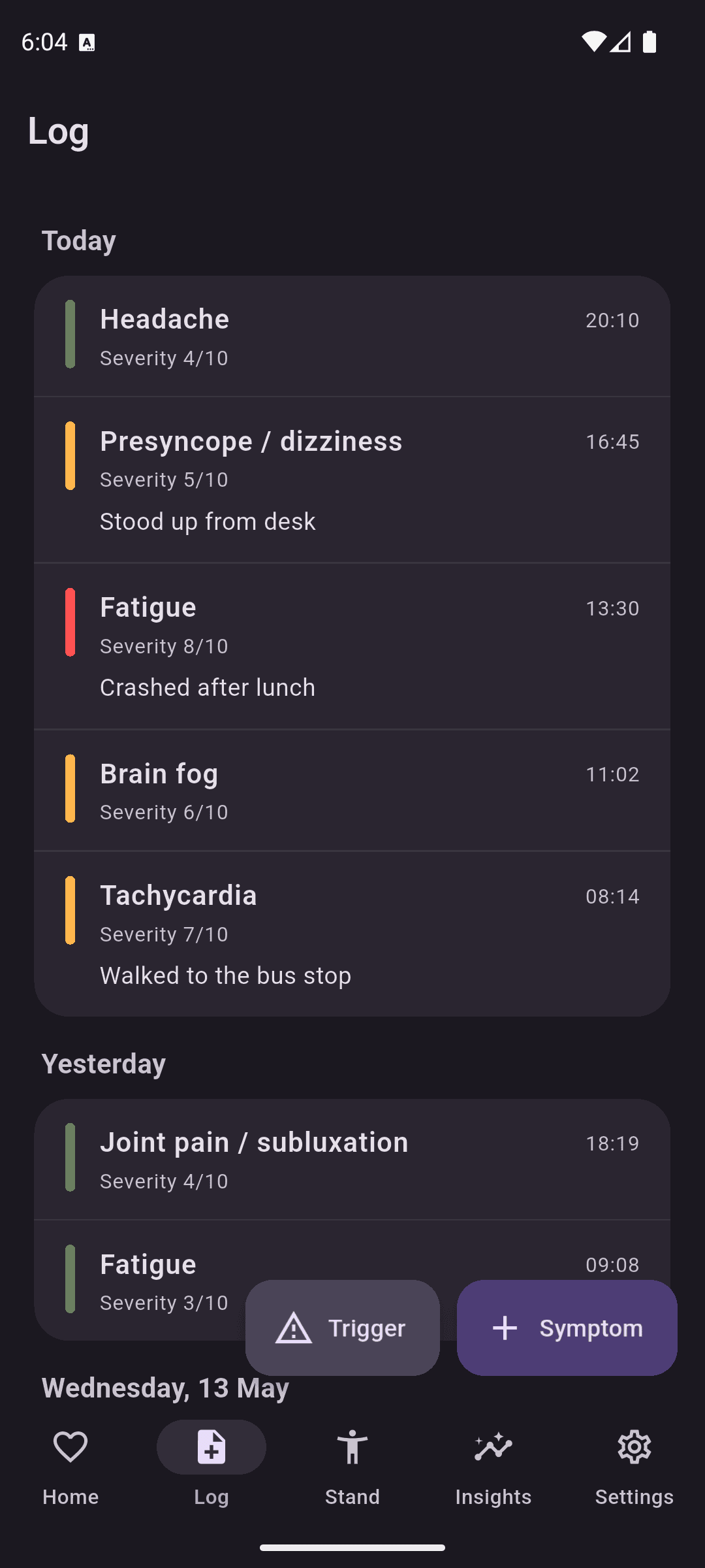 PotsTrack symptom-log timeline grouped by day, with tachycardia, brain fog, fatigue and presyncope entries showing severity scores
