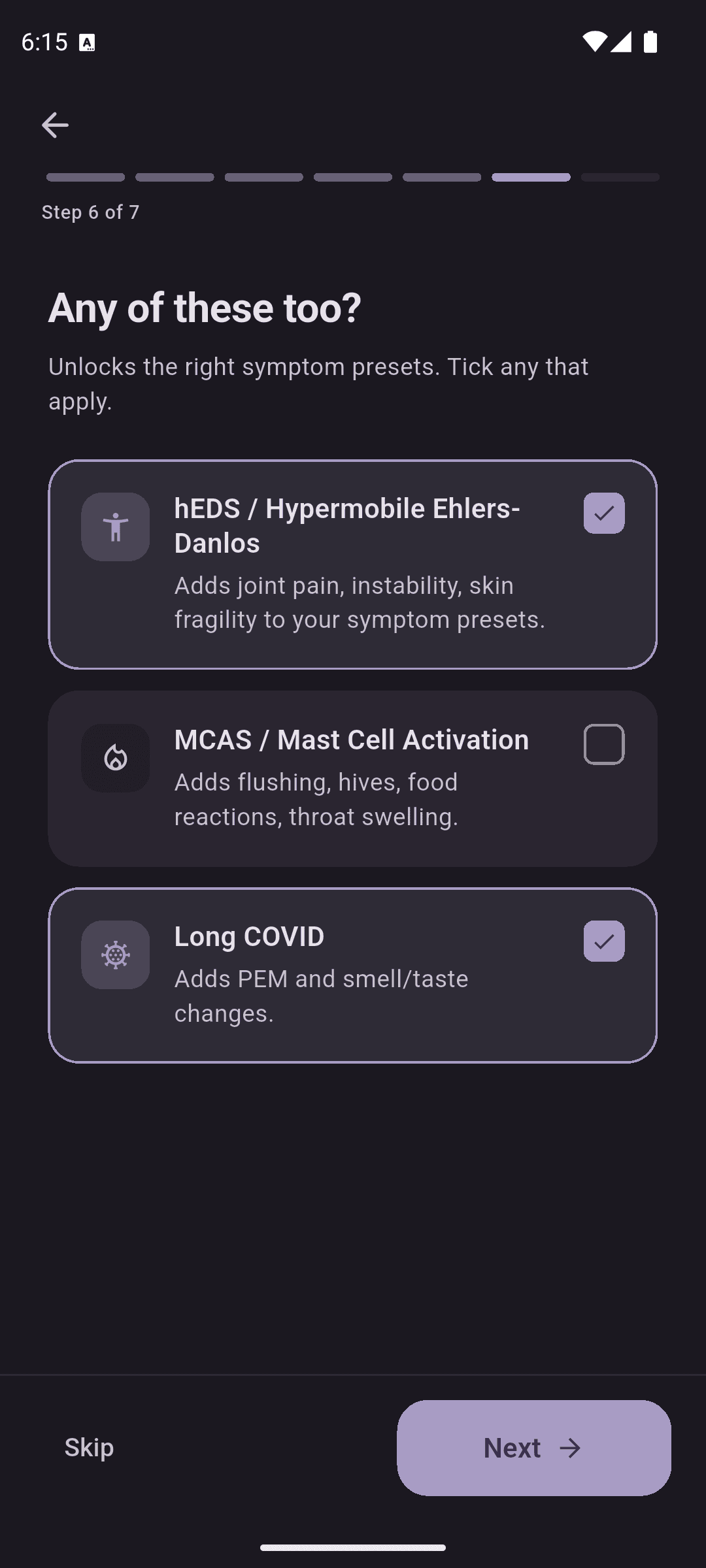 PotsTrack onboarding screen with toggles for hEDS, MCAS and Long COVID comorbidity presets
